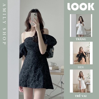 Đầm gấm tiểu thư trễ vai xinh xắn