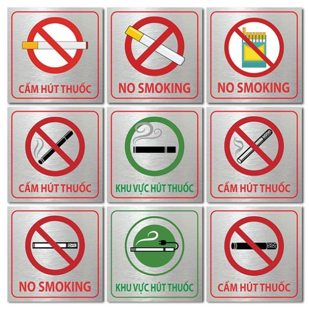 Bảng cấm hút thuốc, khu vực hút thuốc, no smoking, khu vực có cắm sạc điện thoại, bảng cấm lửa nhiều mẫu in UV trực tiếp