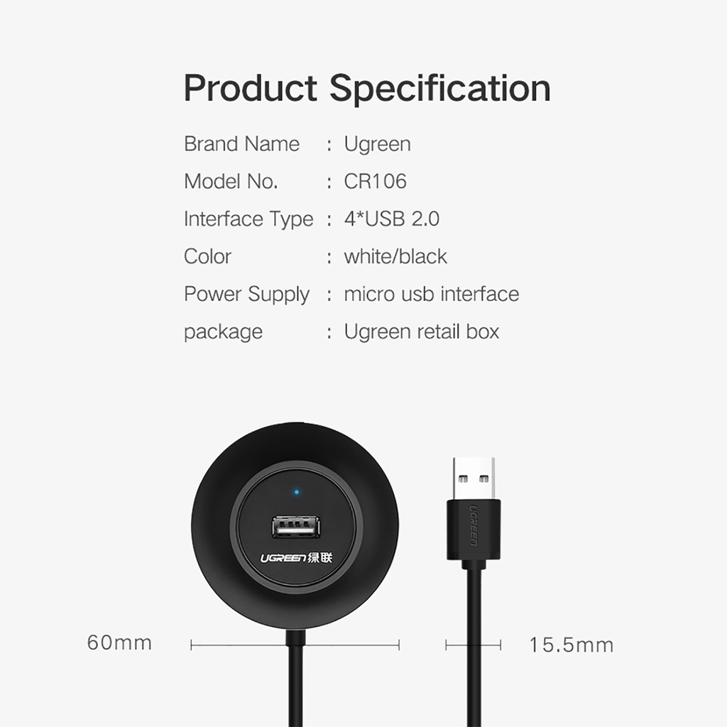 Bộ Chia USB 2.0 4 Cổng Trắng Đen Có Nguồn &amp; LED Ugreen CR106 - BH 18T Chính Hãng