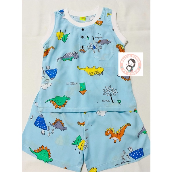 Chất vải tole lanh tôn tol hoạ tiết khủng long quần đùi áo sát nách đính túi như ảnh