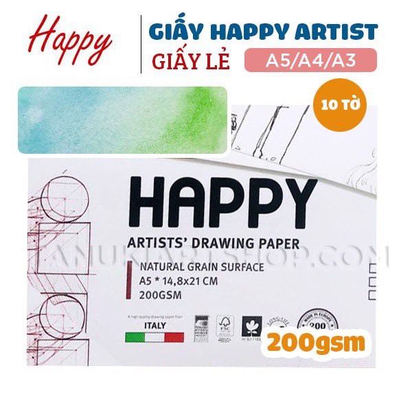 Giấy Happy Artist's Drawing (tập 10 tờ) size A3, A4, A5( 200gsm)