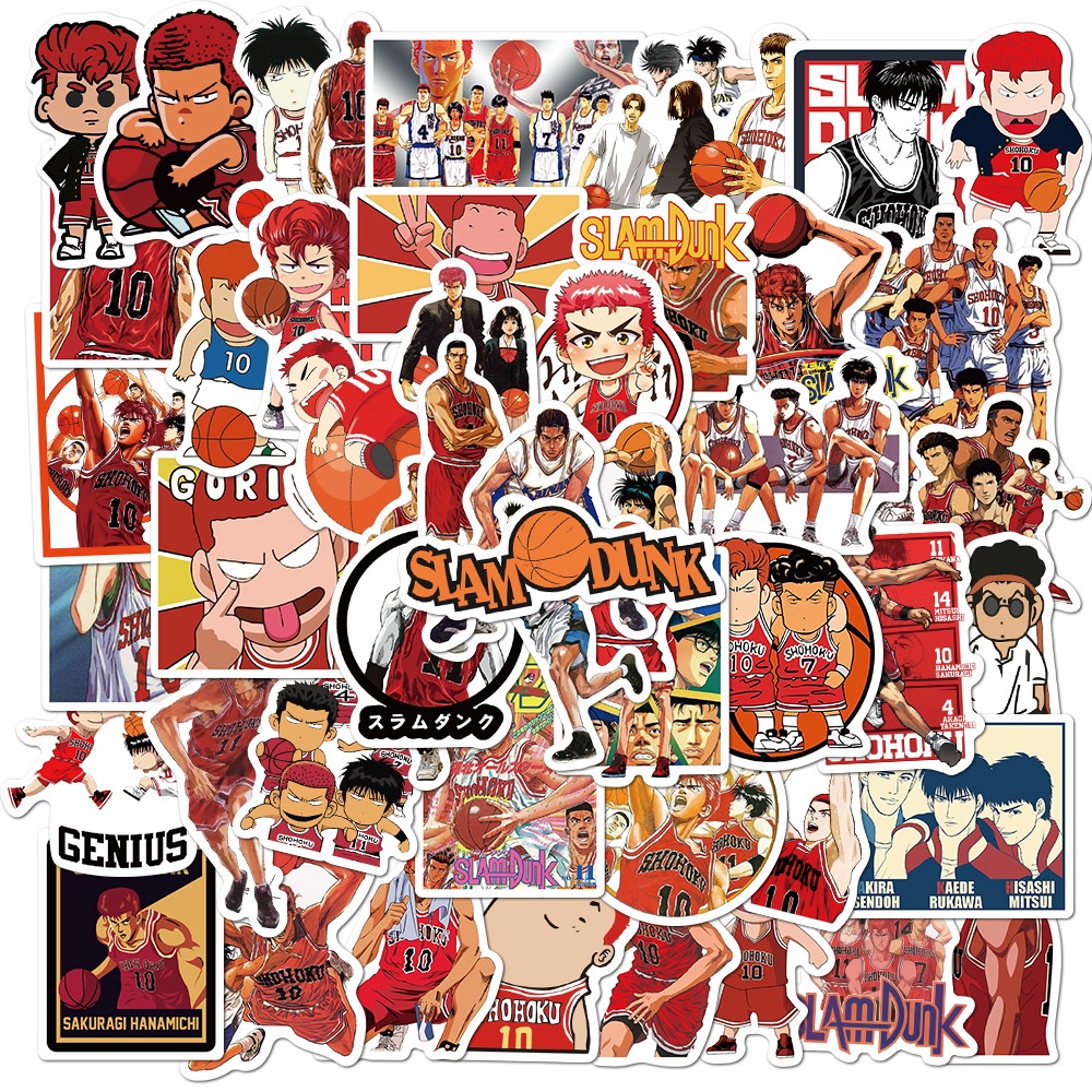 Sticker SLAM DUNK Set 50 Miếng Dán Decal Cắt Sẵn Bóng Rổ Dán Điện Thoại Laptop Sổ Xe Tường Mũ Bảo Hiểm Bình Nước Vali