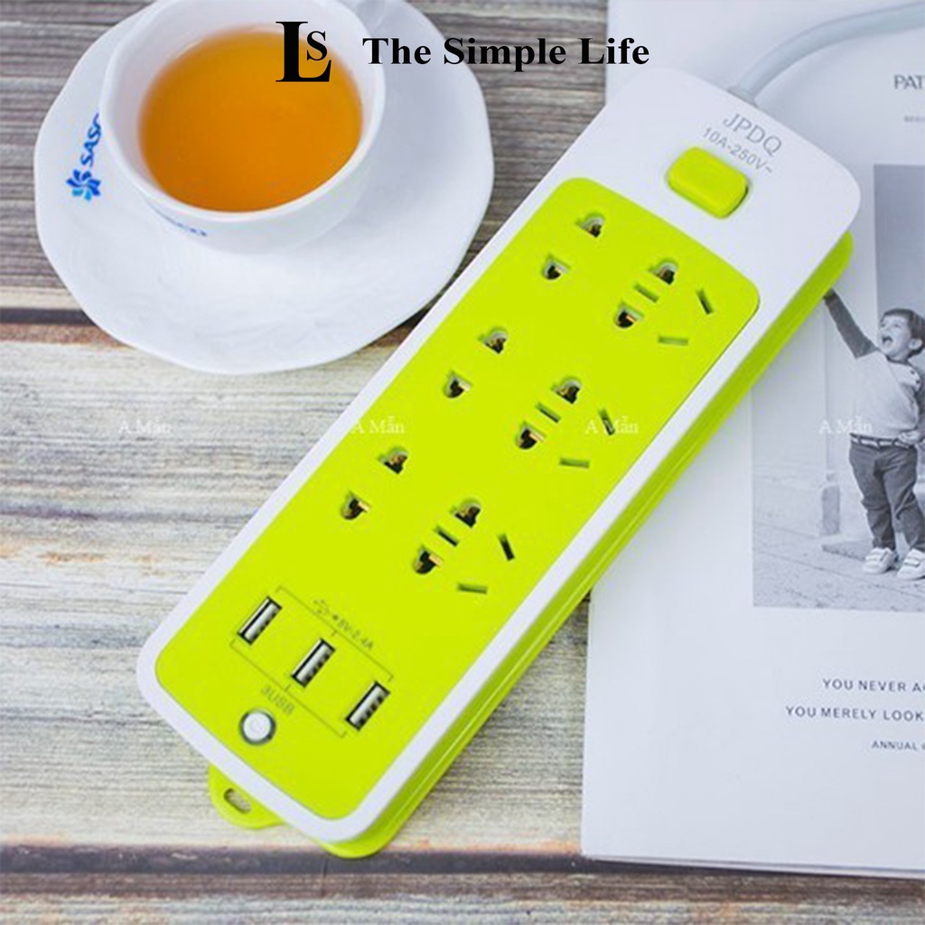 Ổ cắm điện đa năng chống giật màu xanh, ổ cắm điện tích hợp 2 chấu, 3 chấu và 3 cổng usb cao cấp, tổng 9 lỗ [CHÍNH HÃNG]