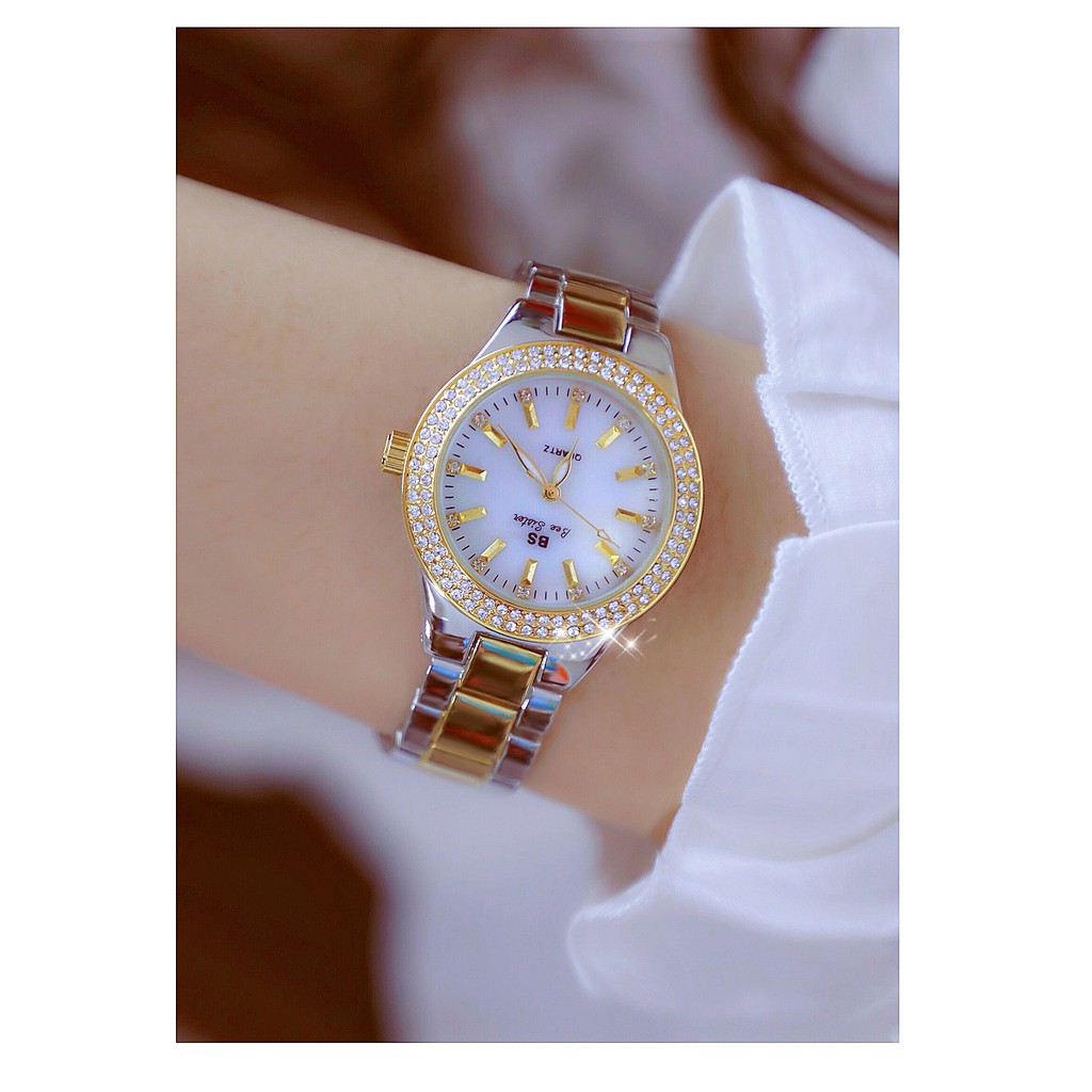 Đồng hồ nữ dây kim loại, đồng hồ đeo tay nữ chính hãng BEE SISTER đính kim cương nhân tạo cao cấp, thời trang, siêu đẹp