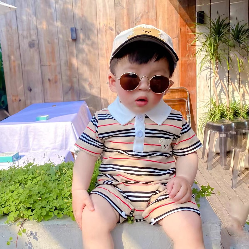 Áo Liền Quần Tay Ngắn Họa Tiết Sọc Và Gấu Hoạt Hình Dễ Thương Cho Bé Trai 0-2 Tuổi