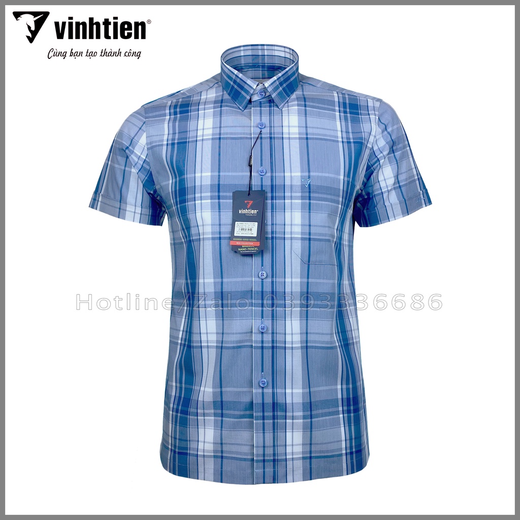 Áo Sơ Mi Nam Tay Ngắn Sọc Caro Bamboo Vĩnh Tiến Form Tailor Fit Vạt Ngang 430 - G648
