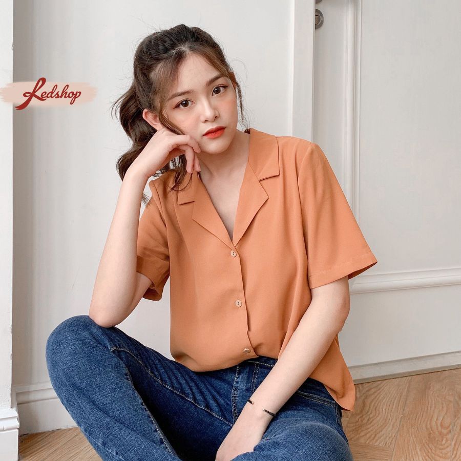 Áo sơ mi nữ tay lỡ cổ vest vải đũi hàn mịn màu trơn basic  - Red Shop