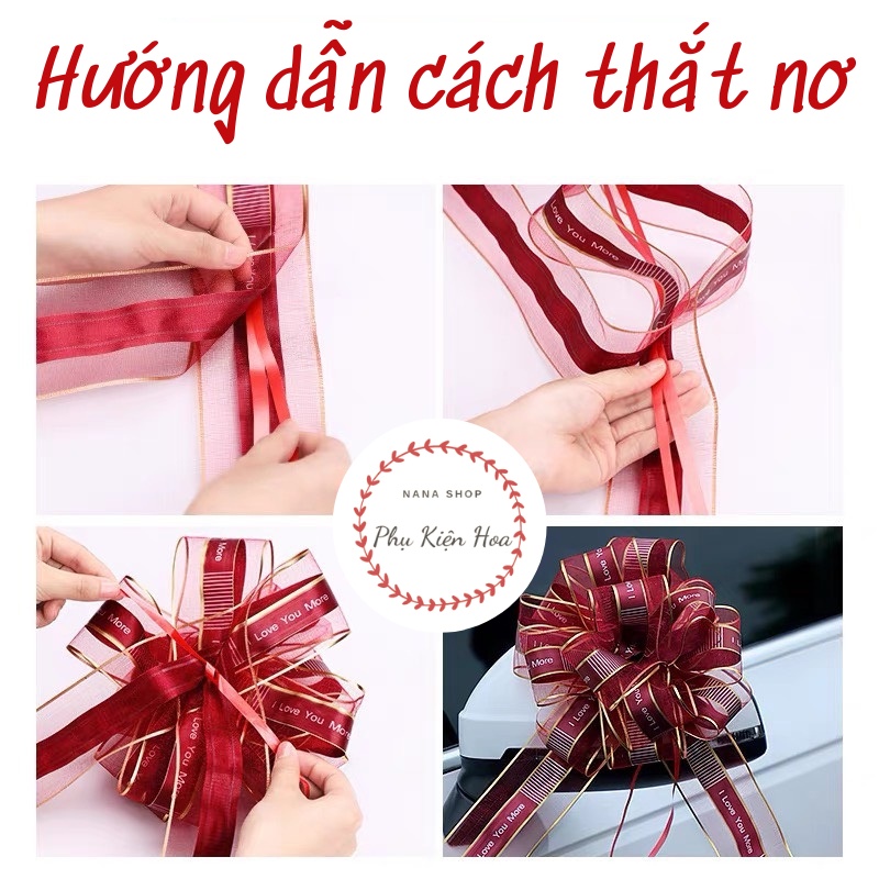 [Bông To 28*50cm] Nơ Rút Tú Cầu Voan In Chữ ❤️I LOVE U❤️ Viền Vàng, Trang Trí Hộp Quà - Tiệc - Xe Hoa