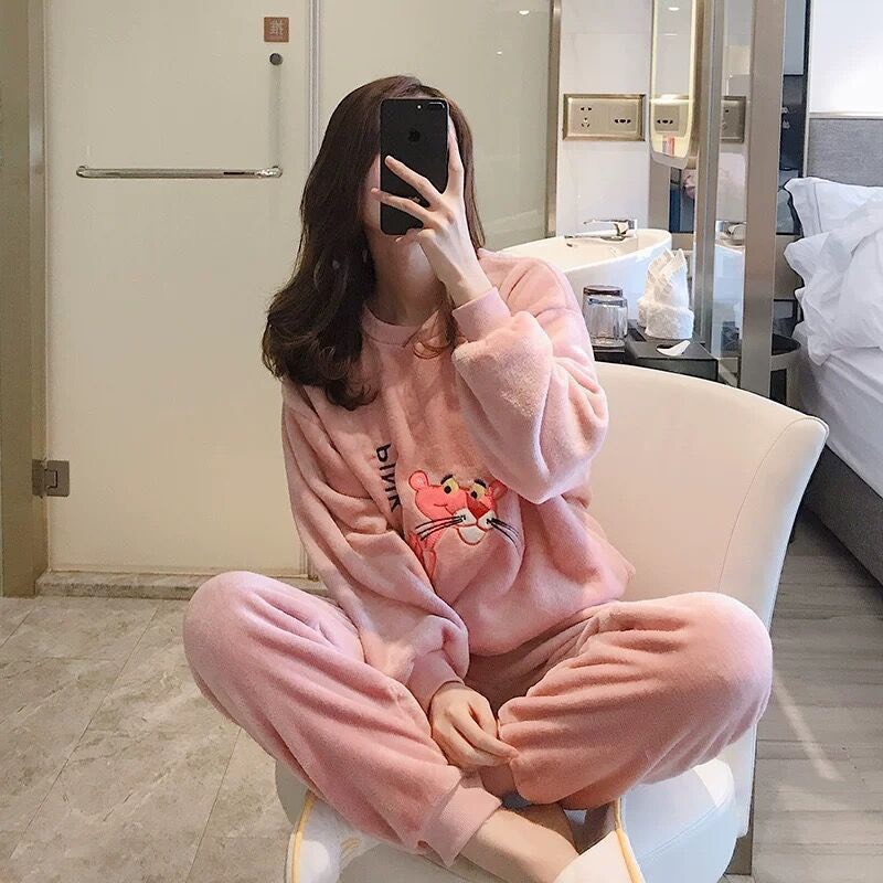Bộ ngủ bông dài tay cute cho nữ form thụng hình đáng yêu, chất lông mềm mịn 2 mặt, dày dặn siêu ấm