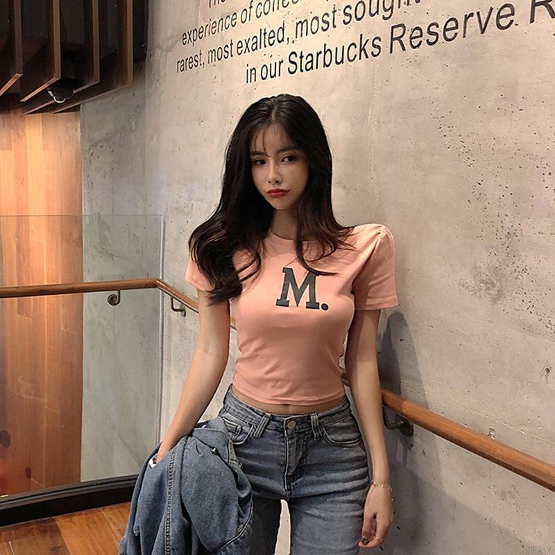 Áo Thun Croptop Tay Ngắn In Chữ Cổ Tròn Phong Cách Hàn Quốc