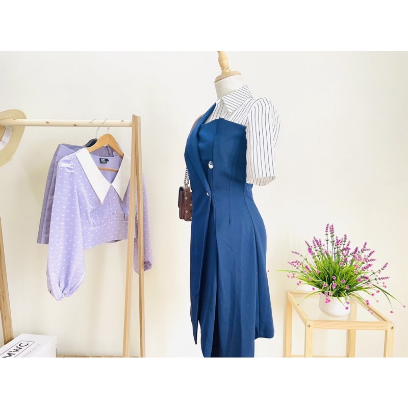 Đầm sơmi phối kẻ sọc tà váy xéo cao cấp Vero Moda