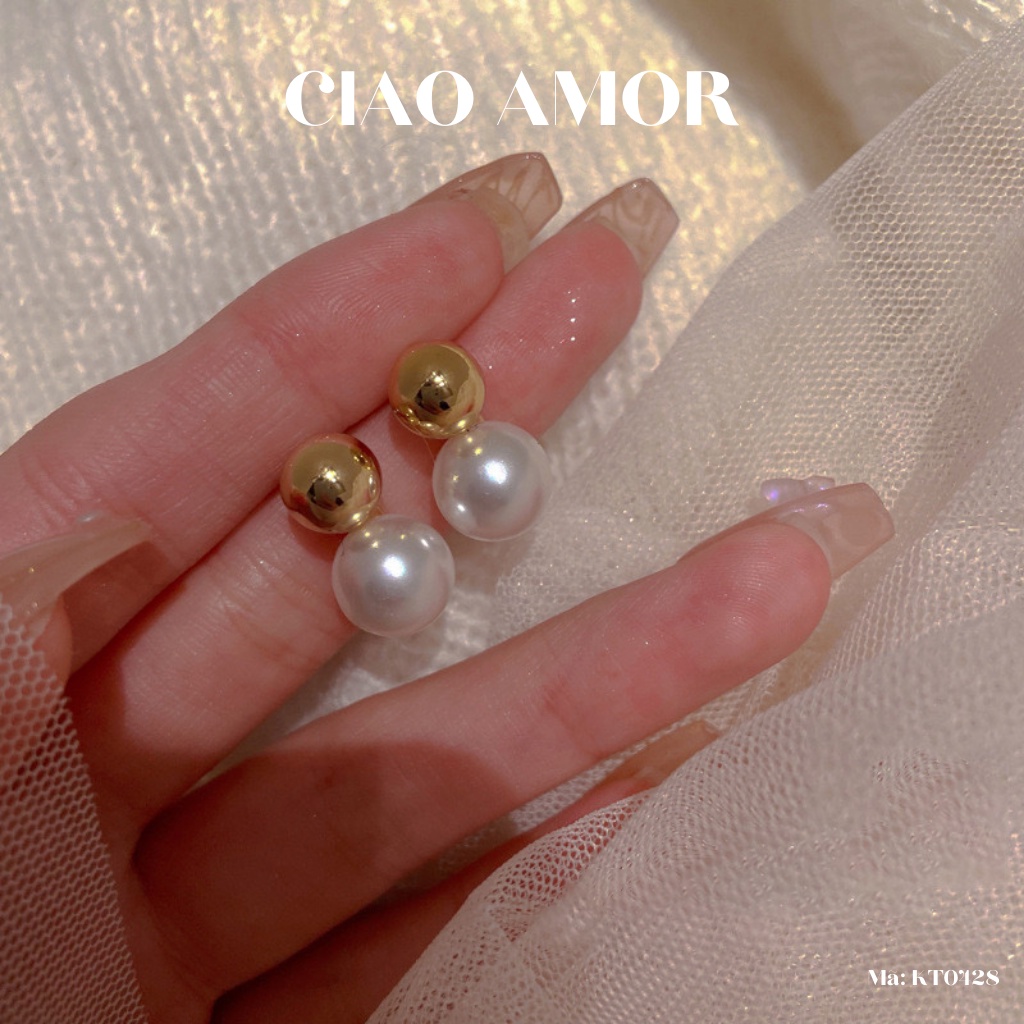 KT0428-Khuyên tai nữ, Bông tai bạc 925 ngọc tròng trên dưới dự tiệc sang trọng đơn giản