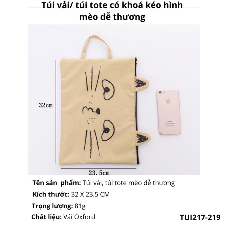 [TẶNG KÈM VÍ] Túi vải/ túi tote có dây kéo hình mèo đáng yêu