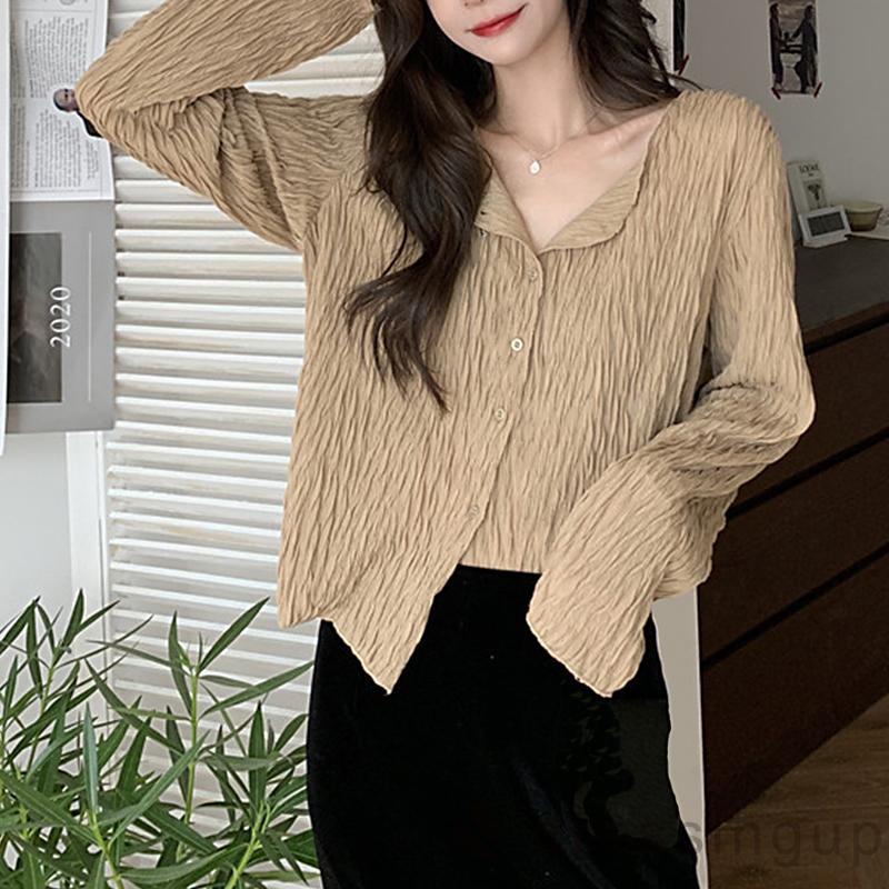 Áo nữ tay dài cổ chữ V cài nút màu sắc thời trang