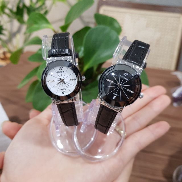 Đồng hồ nữ dây da Halei dây đen mặt trắng chính hãng Tony Watch 68