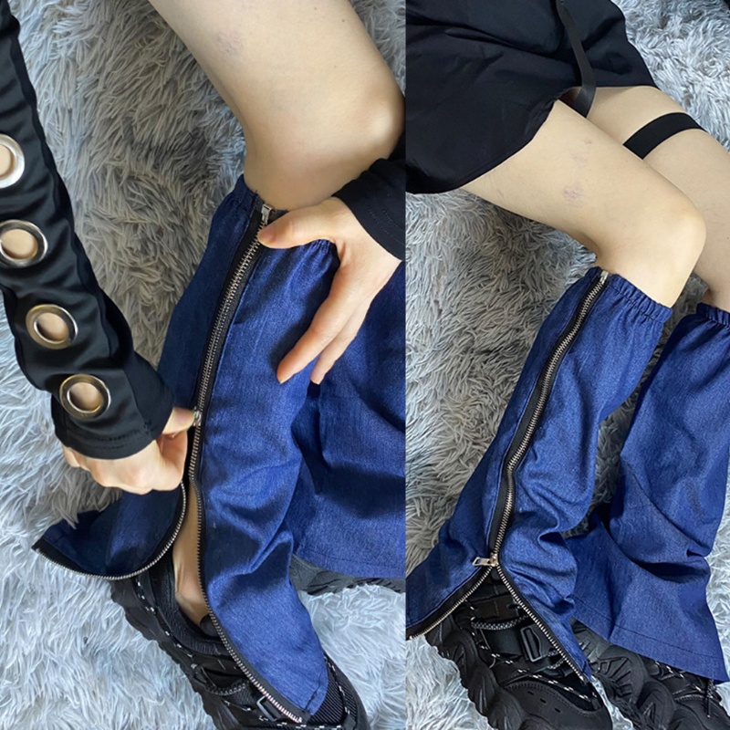 Xiangbao Tất Denim Dài Ngang Bắp Chân Màu Xanh Dương Có Khóa Kéo Bên Phong Cách Harajuku Gothic Punk Nhật Bản Giữ Ấm Mùa Hè
