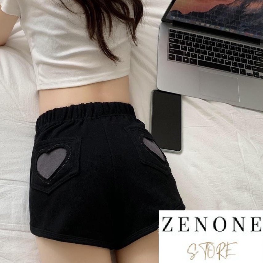 Quần short ngắn, quần đùi nữ mặc nhà lưng thun túi sau cách điệu tim quyến rũ cá tính