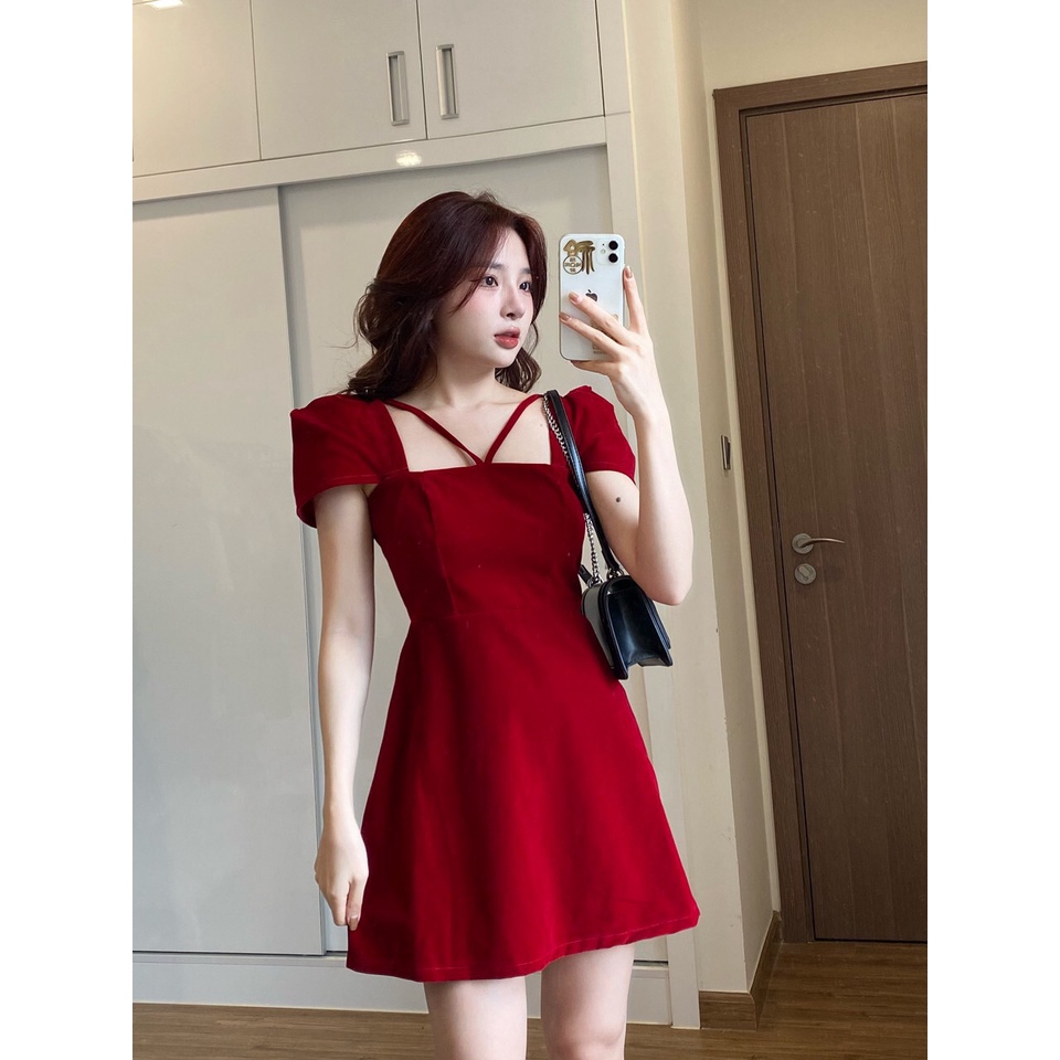 Váy nhung cổ vuông tay phồng sang chảnh, Đầm nữ dáng dài chất đẹp mặc tôn dáng