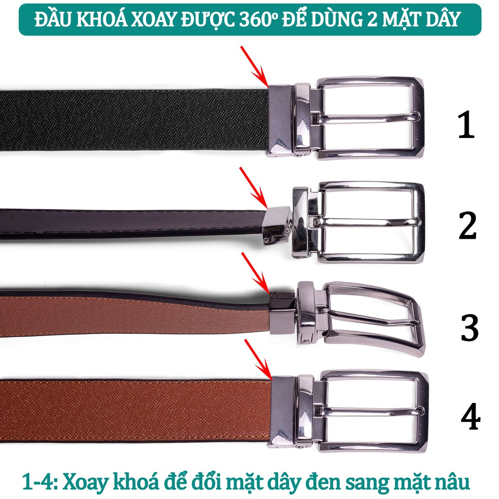 Dây nịt nam L109 da Saffiano-khóa cài xoay dùng được cả 2 mặt nâu đen