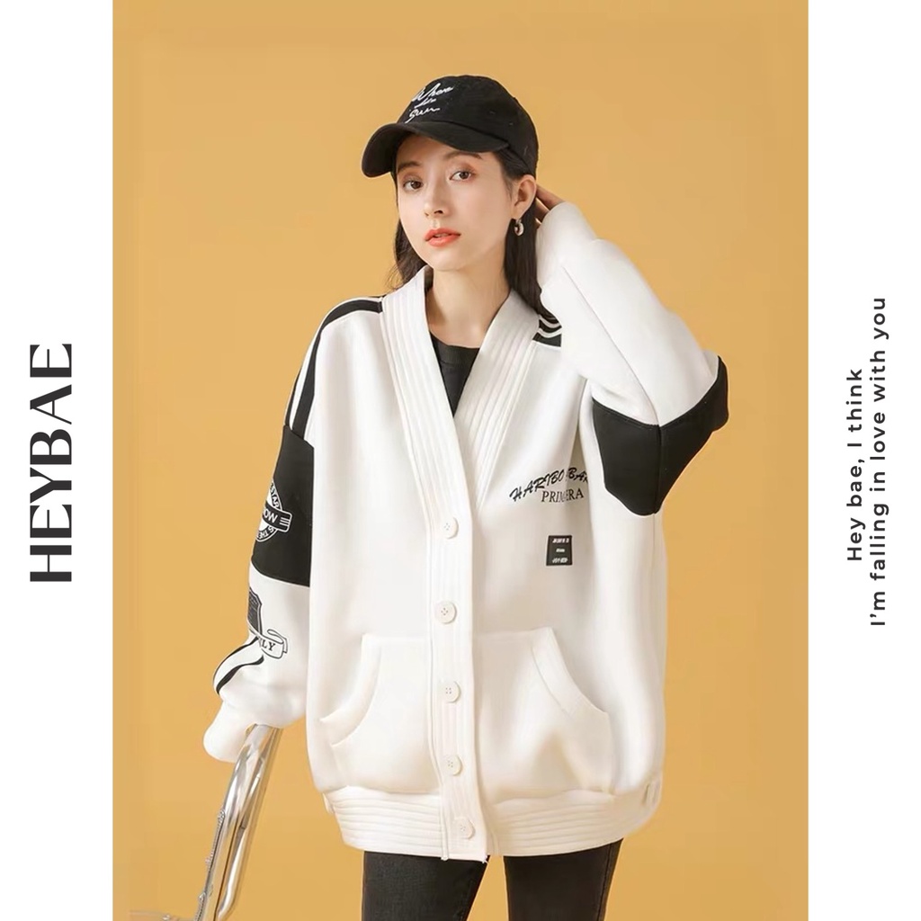 Áo khoác cardigan nữ oversize Striped HEYBAE vải nỉ có cúc bấm dài tay mùa đông áo khoác cá tính cho nữ AK006