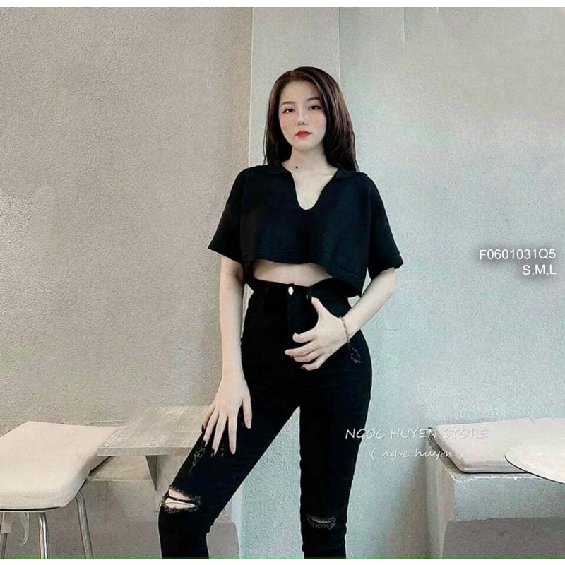 Quần jeans đen rách gối