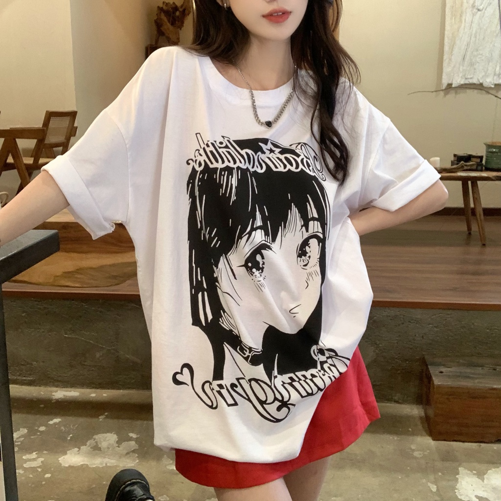 SUXI Áo Thun Tay Ngắn Cổ Tròn Dáng Rộng In Họa Tiết Thời Trang Mùa Hè Xinh Xắn Cho Nữ