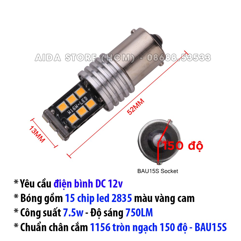 01 bóng đèn xi nhan chuẩn 1156 BAU15S ngạch 150 độ (15smd 2835 Vàng ấm)