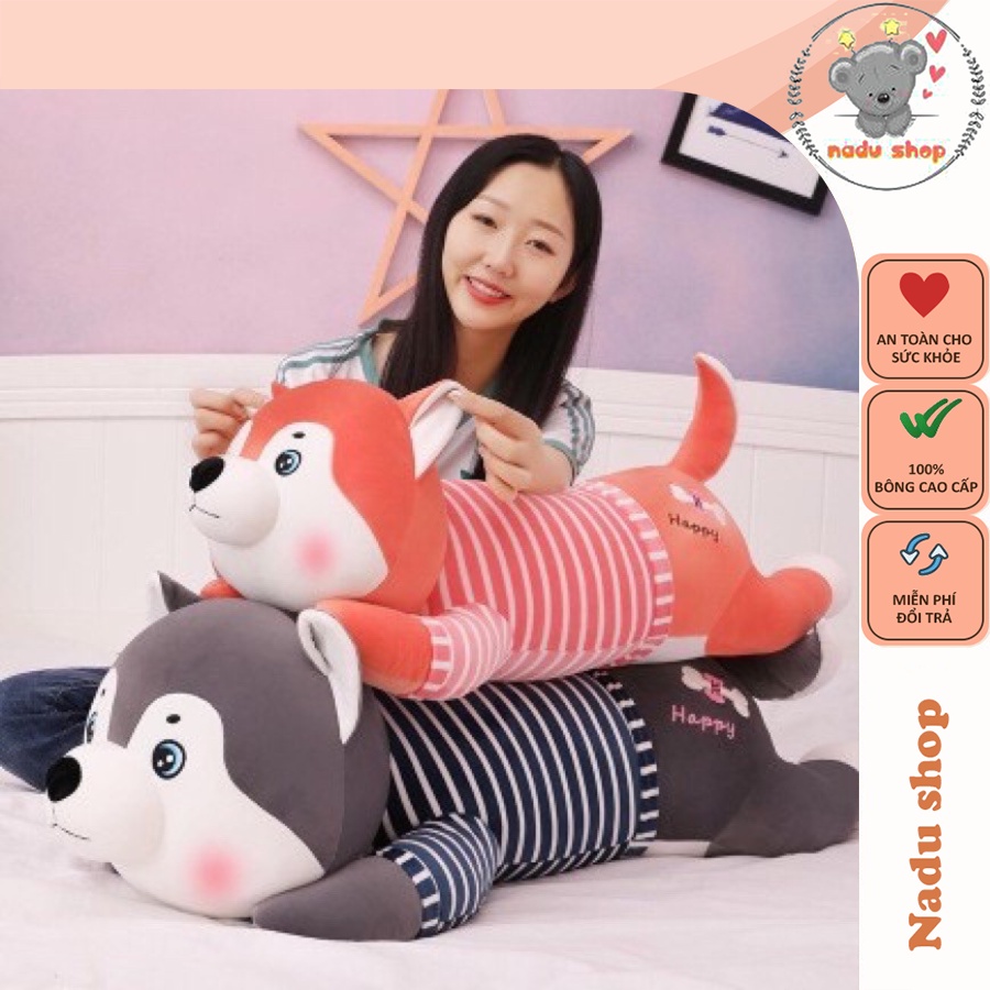 Gấu Bông Chó Bông Husky Mặt Dễ Thương - Chó Sói Quà Tặng Xám Vàng Size 80cm