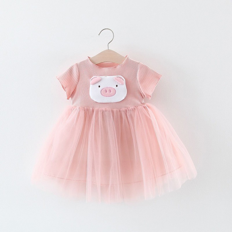 Đầm ngắn tay in hình chú heo dễ thương cho bé gái