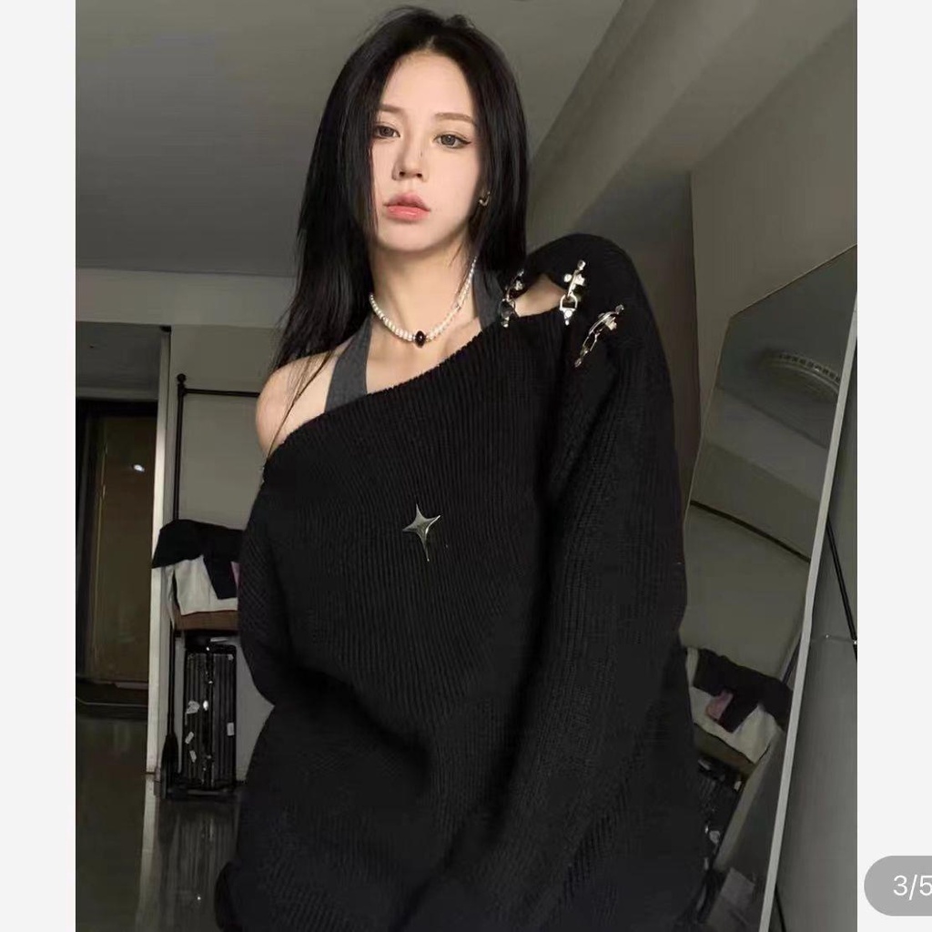 Áo sweater dệt kim một dây hở vai phối khóa máy bay thời trang mùa thu trẻ trung