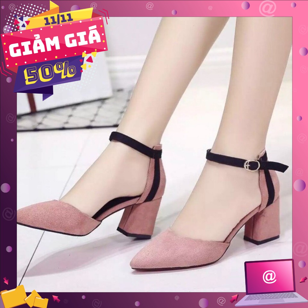 Giày Cao Gót Vuông 7p Bít Mũi Sọc Đen Thời Trang - CG0217 Giày dép xinh Mys