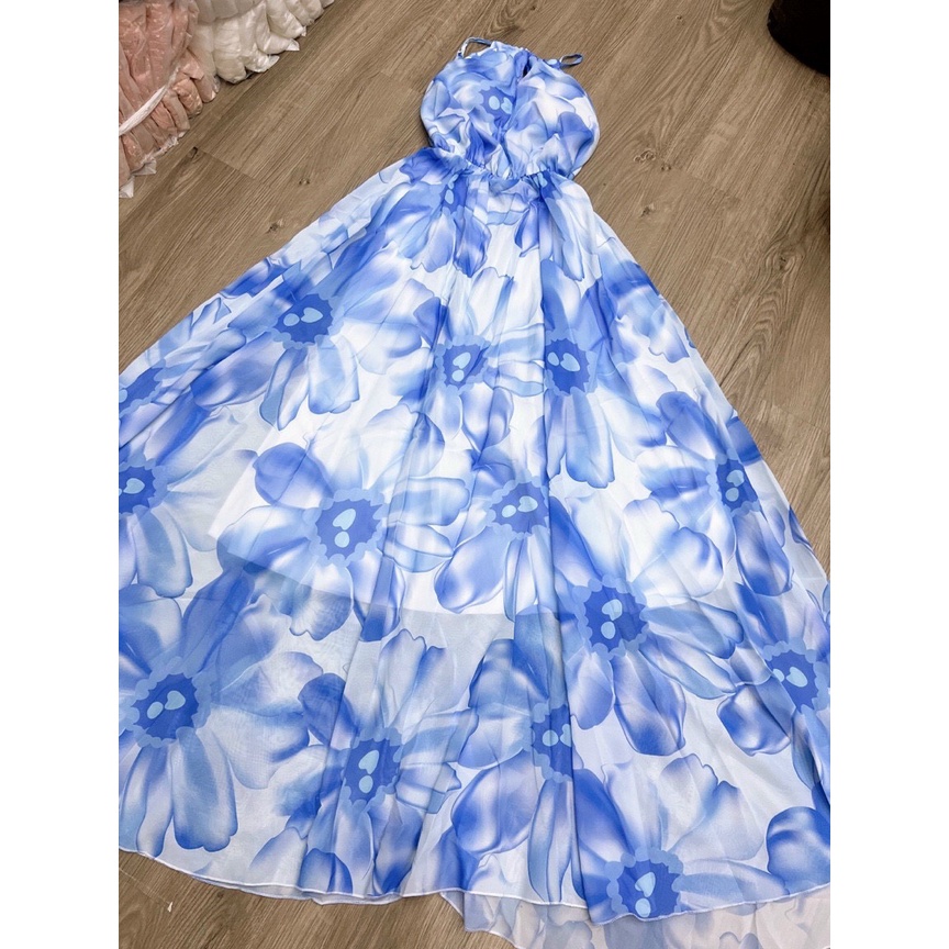 Đầm maxi hoa xanh cổ yếm, voan lót có mút đi biển du lịch chụp hình sống ảo Bin Sports MA033