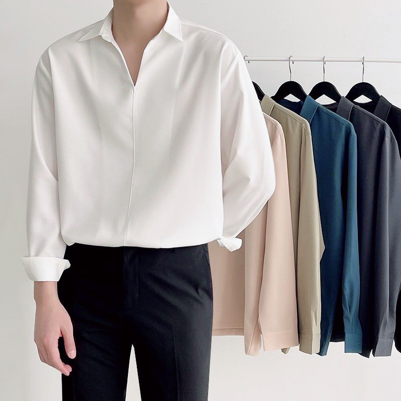 Sơ mi nam hàn quốc form rộng cổ V cao cấp áo nam unisex , lụa không nhăn cổ tàu cổ trụ dáng ôm suông rộng thời trang