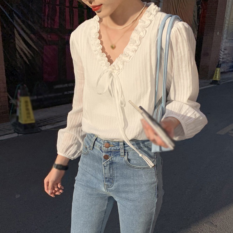 Áo sơ mi tay dài cổ chữ V màu sắc ngọt ngào phong cách Hàn Quốc thời trang cho nữ