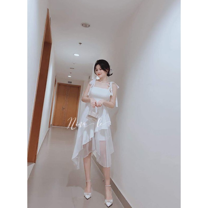 Váy trắng dự tiệc 2s thắt nơ vạt chéo phối voan sheer sang chảnh nina lê