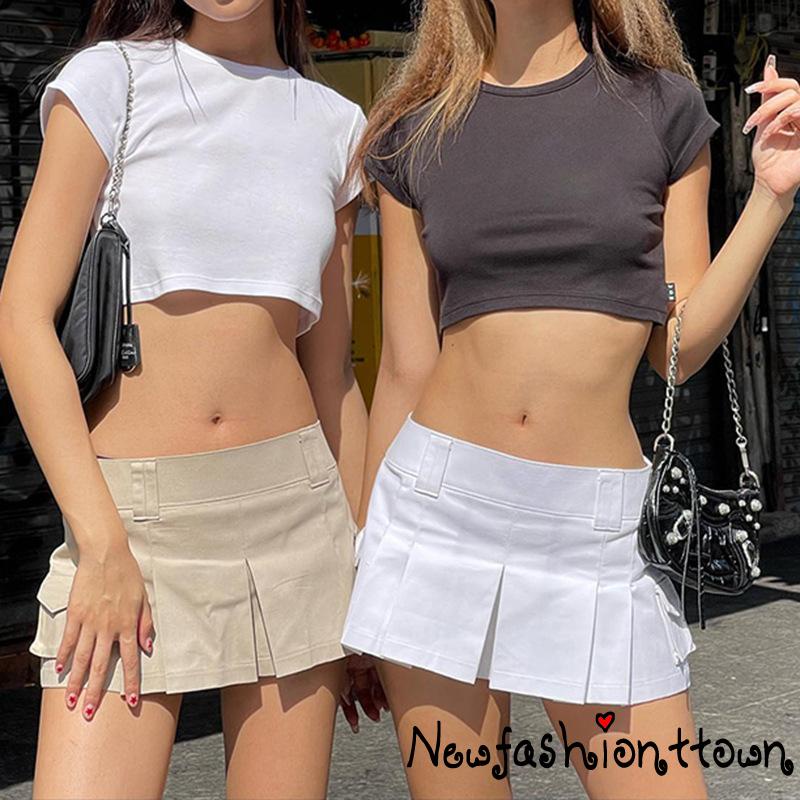 Chân Váy Ngắn Lưng Thấp Xếp Ly Màu Trơn Phong Cách Retro Thời Trang Cho Nữ