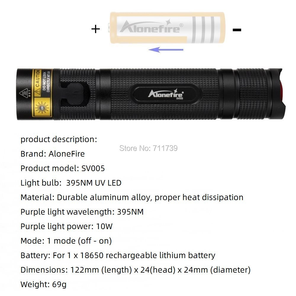 Đèn pin ALONEFIRE SV005 LED UV 395nm vô hình không tia cực tím cho thú cưng