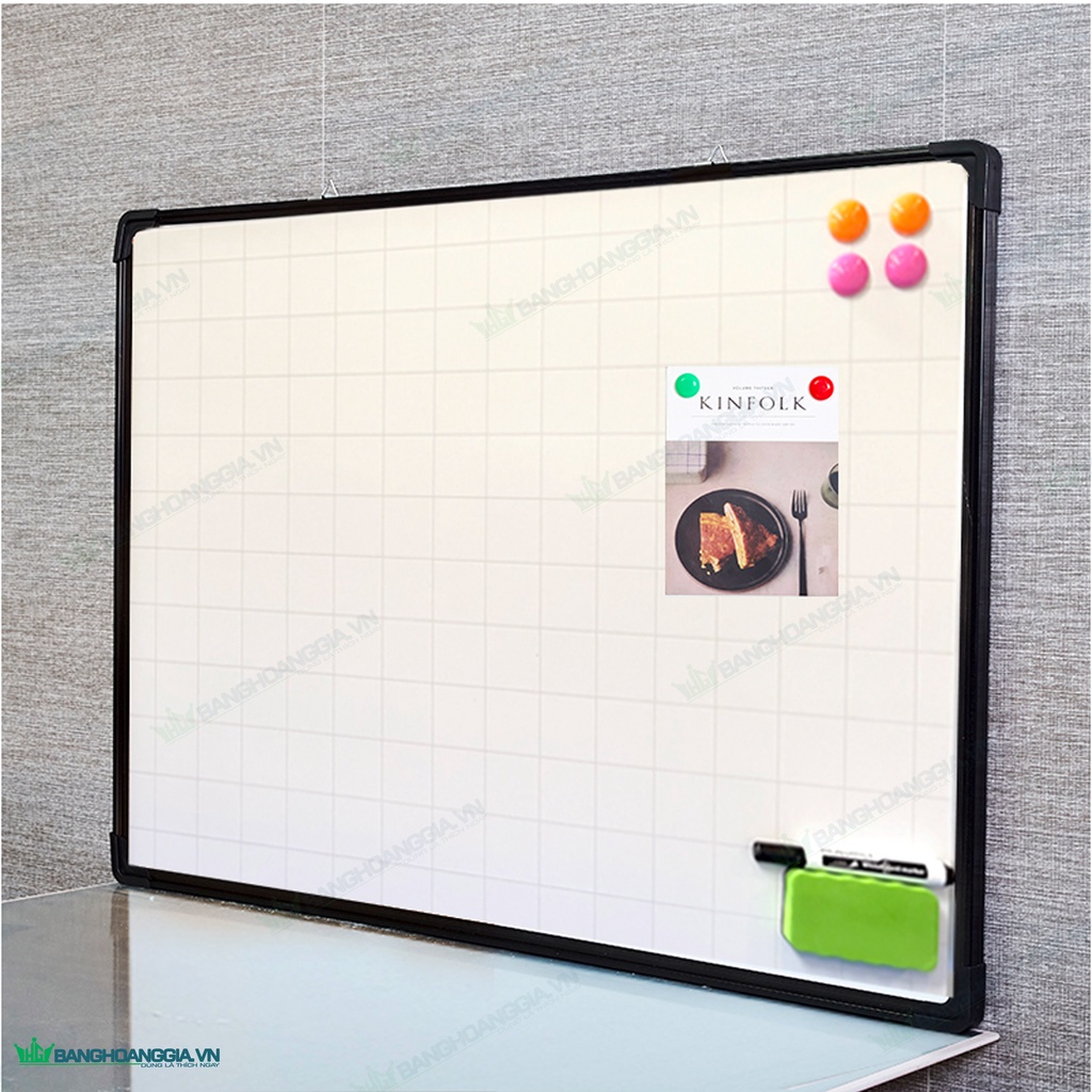 Bảng từ trắng viết bút lông [ khung sơn đen],tặng bút dạ ,bông lau ,nam châm