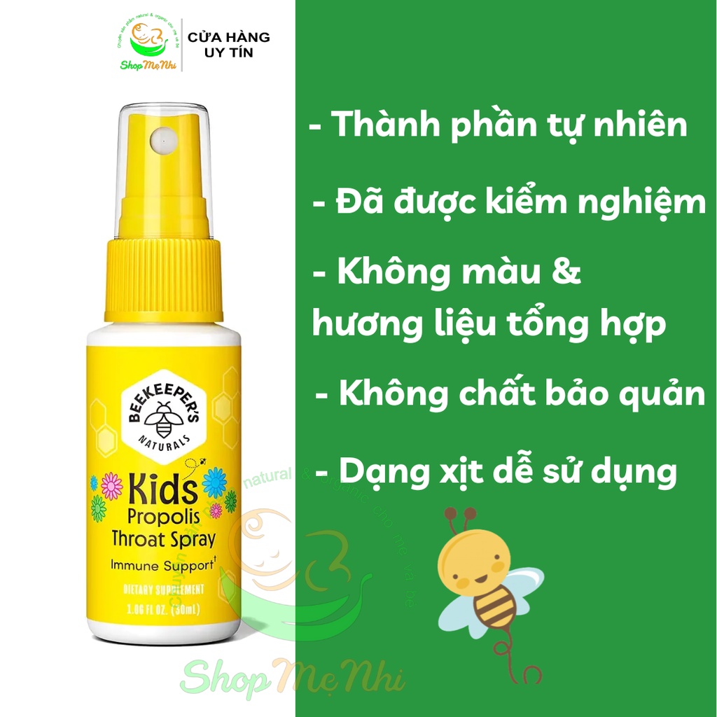 Xịt keo ong cao câp Beekeeper's Naturals giảm đau họng, tăng đề kháng cho trẻ từ 2 – 12 tuổi.
