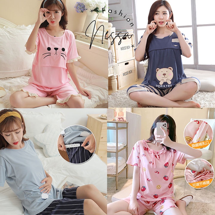 Quần Áo Bộ Đồ Bầu Nữ Mặc Ở Nhà Vải Giãn 4 Chiều Cho Con Bú Ti Ngủ Sau Sinh Pijama Cộc Tay Mang Thai Mùa Hè Xuân BOBAU12