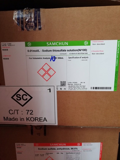 Dung dịch chuẩn Na2S2O3 0.01mol/L Sodium thiosulfate solution N/100 Samchun Hàn Quốc chai 500ml Na2S2O3 0.01N