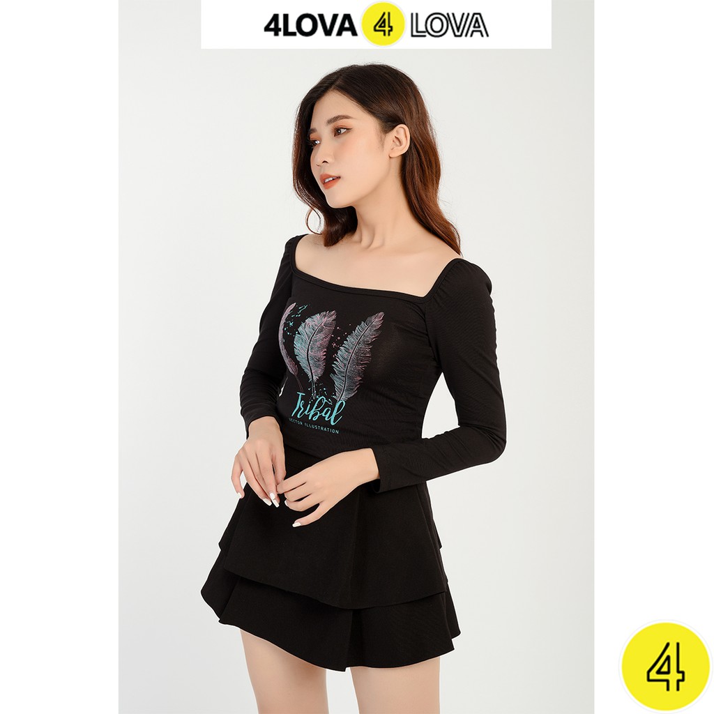 Áo thun nữ 4LOVA dáng dài tay, cổ vuông cách điệu sang chảnh