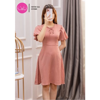 Váy dáng xòe, đầm dáng xòe họa tiết chấm bi cổ bèo Evalover
