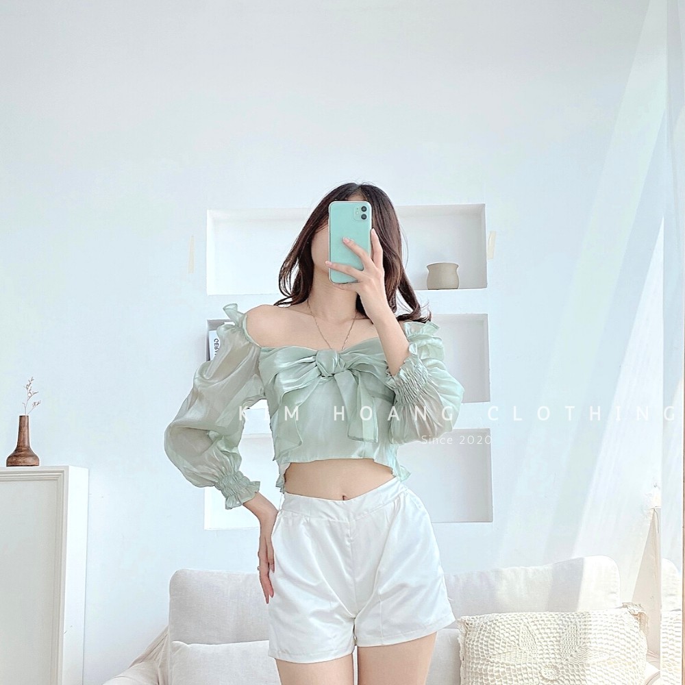 Áo Trễ Vai Bèo Thắt Nơ Kim Hoàng Clothing Áo Tay Bồng Màu Trắng (CUPID TOP)