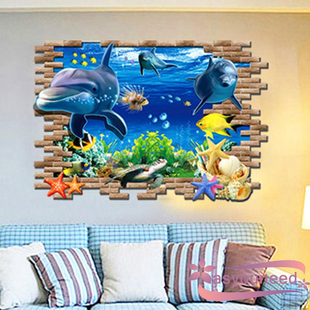 Decal dán tường hình cá heo 3D sáng tạo dễ tháo gỡ chất liệu PVC kích thước 50x70cm