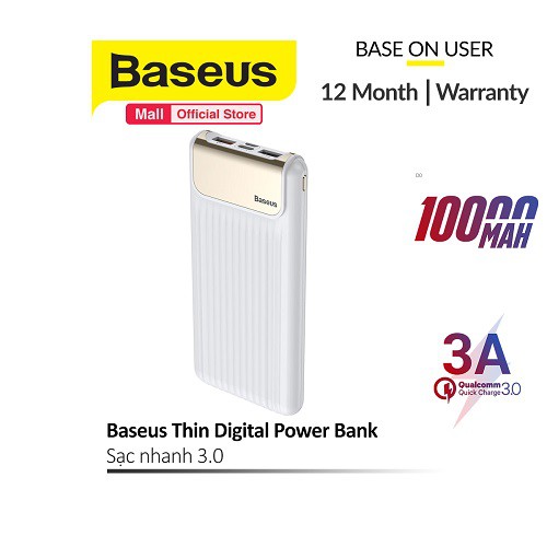 Pin sạc dự phòng Baseus Thin Digital 10000mAh sạc nhanh 3.0 có khả năng sạc đầy 80% pin thiết bị trong 30 phút