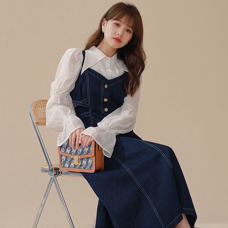Set đầm yếm denim màu xanh lam đậm kiểu Hàn Quốc duyên dáng dành cho nữ (có bán lẻ áo sơ mi / đầm)