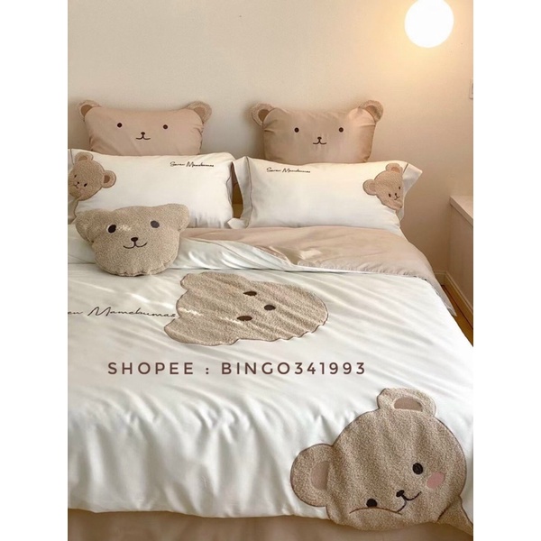 Chăn ga gấu BigBear 7 món chất liệu 100s cao cấp siêu mềm mại đáng yêu tặng gối gấu trang trí