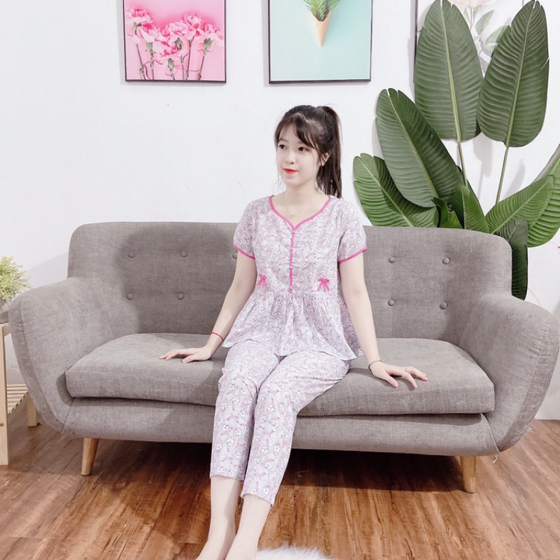 Bộ đồ mặc nhà mẫu kẻ áo cộc quần dài, chất thô hàn mát thấm hút mồ hôi