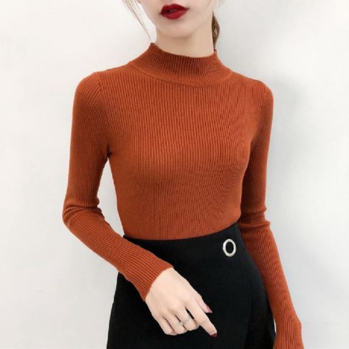 Áo len tăm nữ cổ cao 3 phân, Áo len nữ trơn chất đẹp siêu co giãn thoải mái